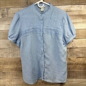 Tweeds Vintage Womens Light‎ Blue 100% Linen Pintuck Pleat Button Up Blouse XL